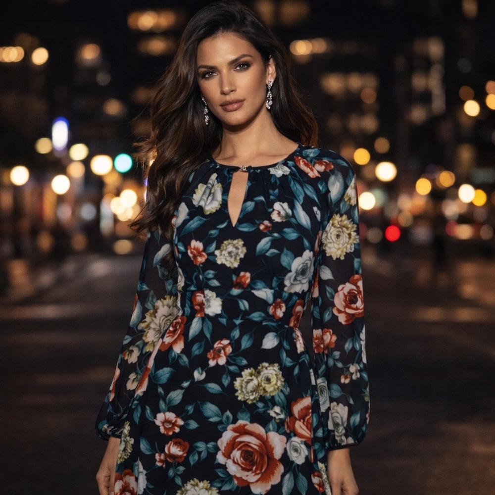 Tahari Arthur S. Levine Black Floral Midi Dress | Sheer Sleeve Date Night Dress